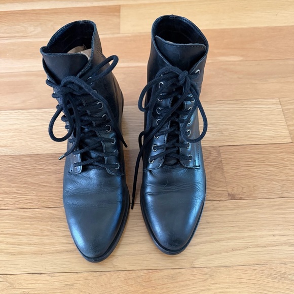 Black Leather Lace Up Ankle Boots - Picture 2 of 12